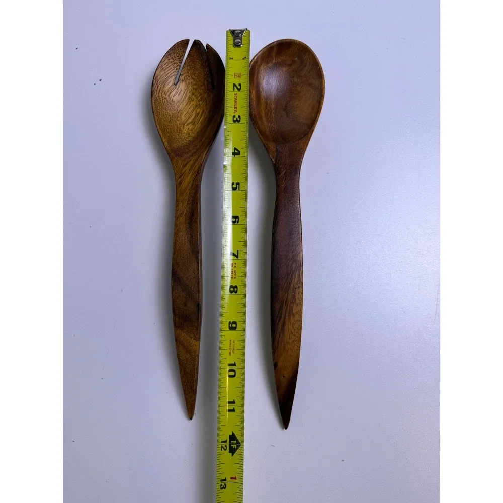 Vintage‎ Hand Carved Dark Wood Salad Servers Set 12 Inch Tapered Handle 2 Piece